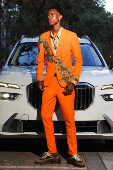 August Orange Notched Lapel One Button Prom Suits With Golden Appliques_1