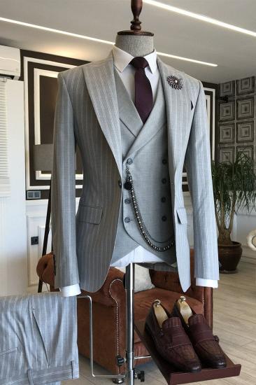 Lucien Newest Grey Three Piece Striped Point Lapel Business Suit For Men_2