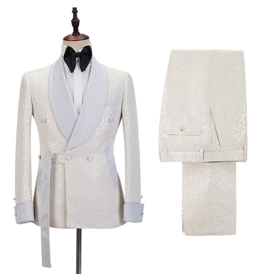 Patrick Off White Shawl Lapel Slim Fit Jacquard Custom Wedding Set_4