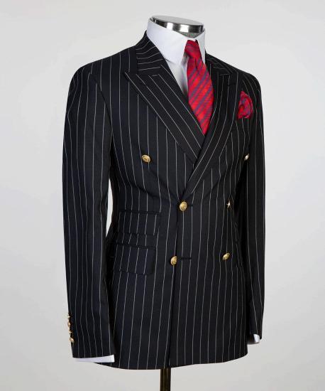 Black Slim Fit Double Breasted Pinstripe Mens Business Two Piece Suit_3