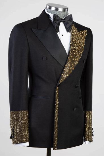 Black peak lapel double-breasted two-piece ball suit｜with gold beads_2
