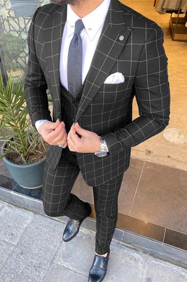 Micheal Black Check Point Lapel Three Piece Men Suit
