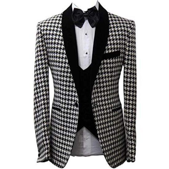 Black Shawl Lapel Plaid Three Pieces Mens Wedding Suits_2