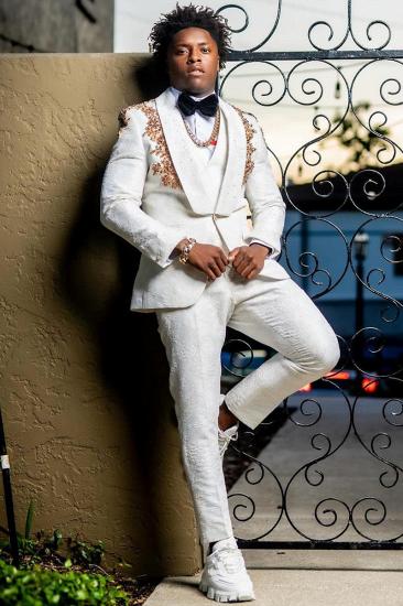 New White Shawl Lapel Three Pieces Jacquard Prom Suits | With Gold Beading_2