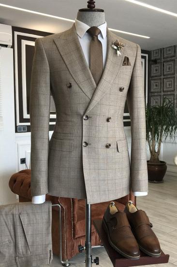 Solomon Newest Brown Plaid Double Breasted Point Lapel Formal Menwear
