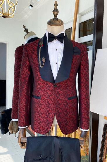 Red Jacquard Two Pieces Wedding Suits With Navy Shawl Lapel and Pants_1