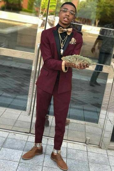 Christian Stylish Burgundy Two Piece Black Lapel Men Suit_2