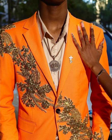 August Orange Notched Lapel One Button Prom Suits With Golden Appliques_2