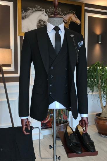 Charles New All Black Three Piece Point Lapel Business Suit_1
