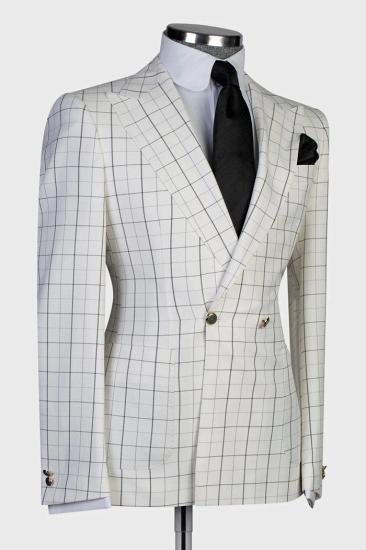 Paul White Peaked Lapel Double Breasted Plaid Prom Suits_2