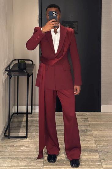 Stylish Burgundy One Button Men’s Prom Suit with Long Sash_2