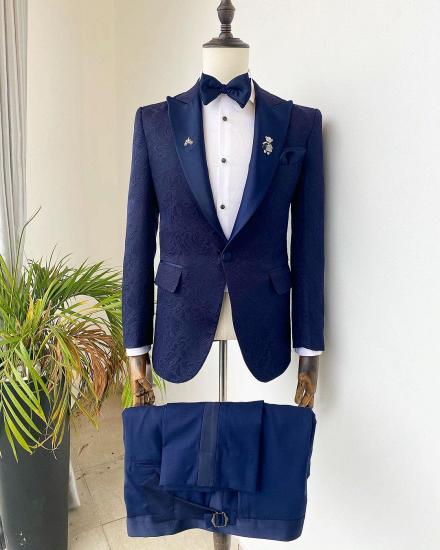 Dark Navy Peaked Lapel Jacquard Two Pieces Prom Suits_2