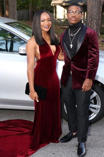 Burgundy Velvet Shawl Lapel Prom Men Suit_2