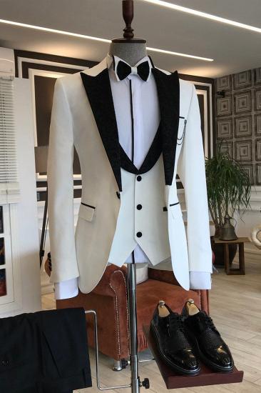 Carl Smart Three Piece White Prom Men Suit Mixed Black Point Lapel_2