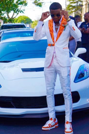 White Two Piece Prom Suit With Orange Jacquard Peaked Lapels_1