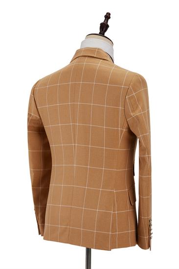 Peak Lapel Flap Pockets Double Breasted Plaid Orange Men Business Suit For Formal_3