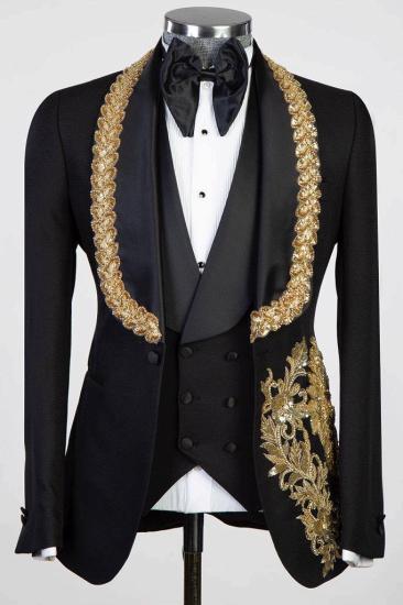 Fashion Shiny Gold Appliques 3 Piece Black Wedding Suit Prom Outfits