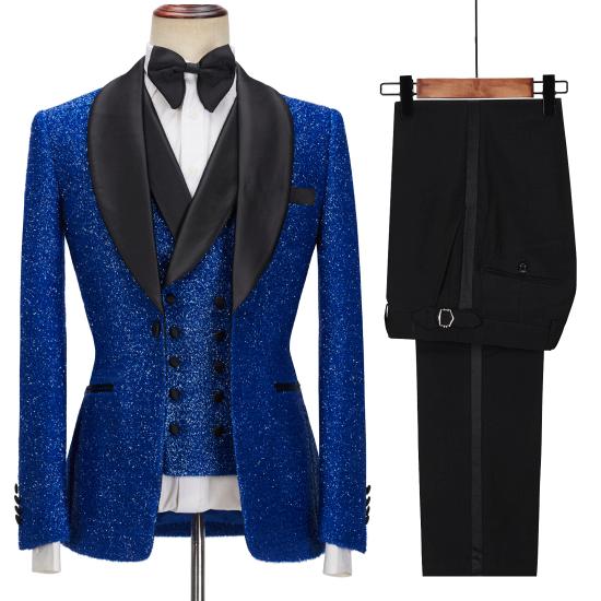 Royal Blue Sparkle Three Piece One Button Fashion Slim Fit Men Suit_5