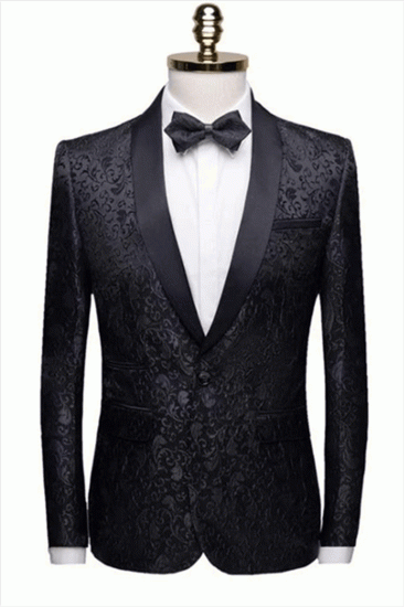 Black Jacquard Shawl Lapel Men Suit | Unique Slim Two Piece Wedding Groom Tuexdos