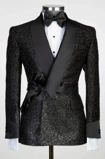 Shawl Lapel Sparkling Black Men's Suit with Ribbon Belt_1