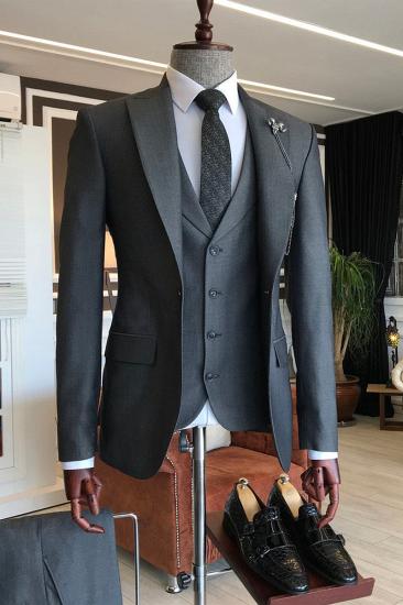 Dark Gray Point Lapel Three Piece Business Men Suits_2