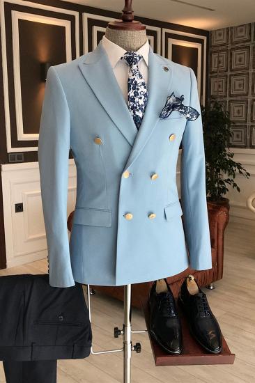 Leo Fashion Sky Blue Double Breasted Men Formal Business Tailored Suit_2