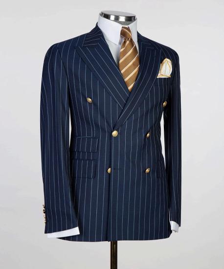 Navy Blue Slim Fit Double Breasted Pinstripe Mens Business Two Piece Suit_3
