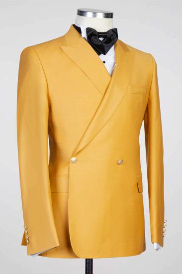 Saxon Yellow Peaked Lapel Double Breasted Prom Suits_2