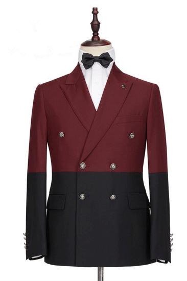 Emmanuel Stylish Burgundy And Black Double Breasted Point Lapel Men For Prom_1