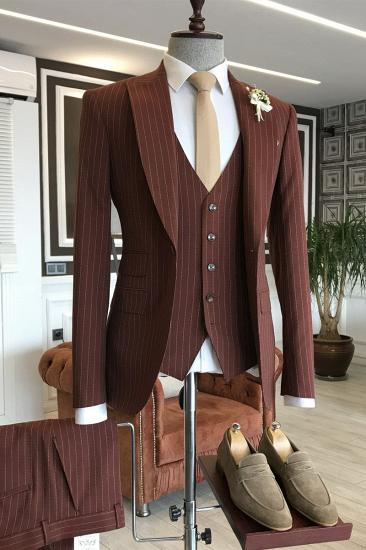 Elmer Newest Burgundy Three Piece Striped Point Lapel Business Suit For Men