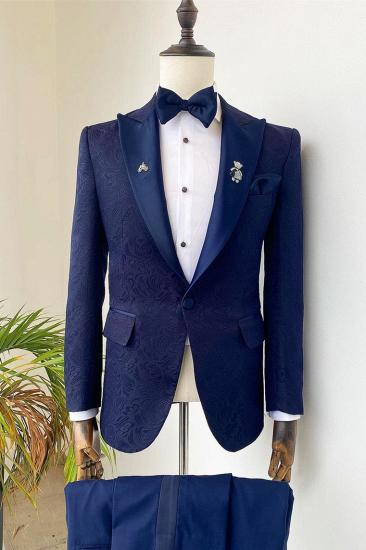 Dark Navy Peaked Lapel Jacquard Two Pieces Prom Suits