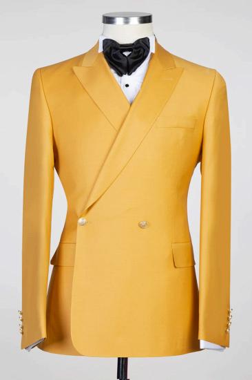 Saxon Yellow Peaked Lapel Double Breasted Prom Suits_1