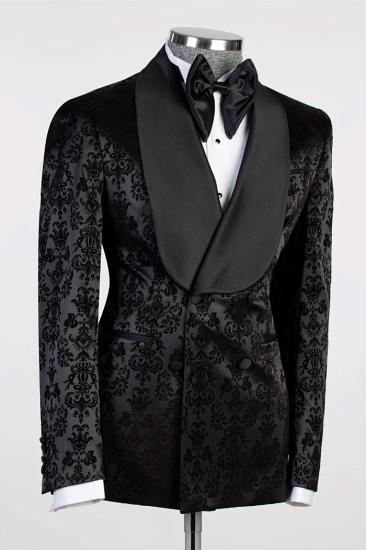 Double Breasted Black Floral Jacquard Shawl Lapel Mens Prom Suit_2