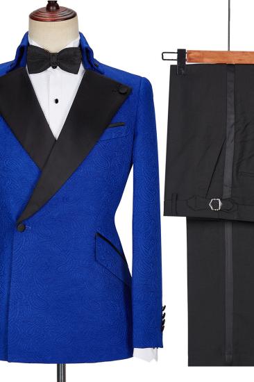 Fashion New Royal Blue Jacquard Black Lapel Two Pieces Wedding Suit_4