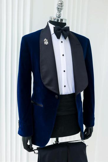 Rod Blue Shawl Lapel Velvet Wedding Suits_2