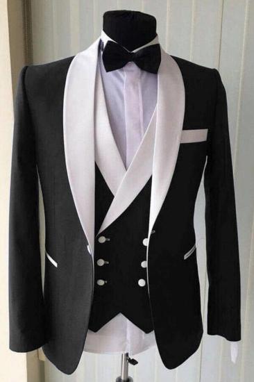 Wedding Groom White Lapel Shawl Lapel Classic Three Piece Black Men Suit For Formal