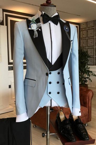Angel Sky Blue Three Piece Black Pointed Lapel Slim Fit Prom Men Suit_2
