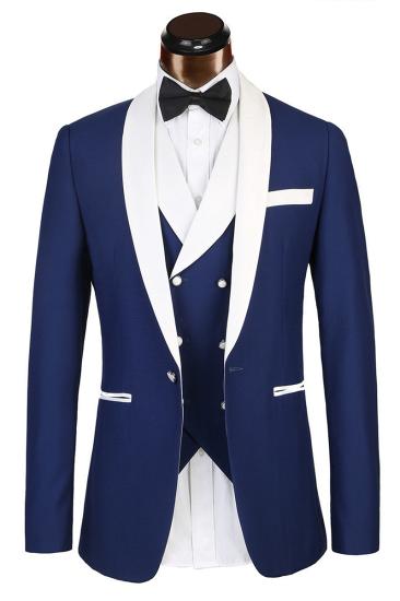 Three Piece Classic White Lapel Edge Banding Formal Blue Men Suit For Wedding_4