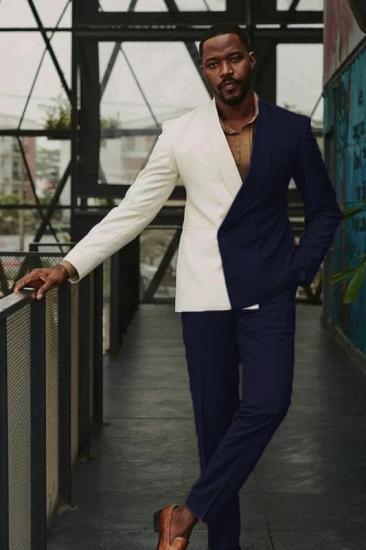 Double Color Handsome Navy Shawl Lapel Double Breasted Prom Suits