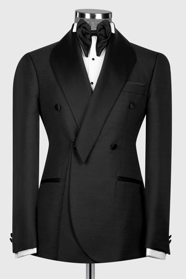 Powell Black Shawl Lapel Double Breasted Linen Wedding Suits_1