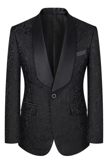 Lou Classical Black Shawl Lapel Three Pieces Jacquard Prom Suits_2