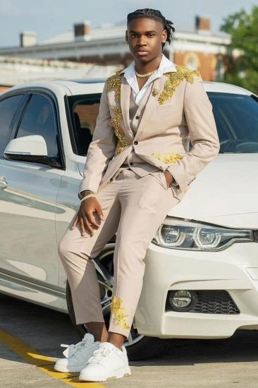Gold Beaded Appliques 3 Piece Champagne Prom Suit with Waistcoat