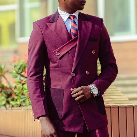 Fashion Plum Peasked Lapel Double Breasted Prom Men Suits_2