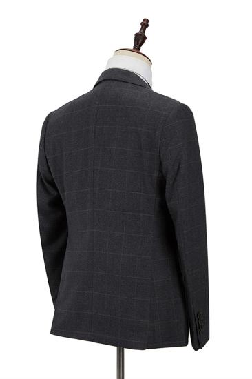 Classic Dark Gray Plaid Peak Lapel Three Piece Men Suit With Double Breasted Waistcoat_2