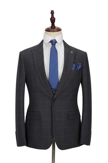 Classic Dark Gray Plaid Peak Lapel Three Piece Men Suit With Double Breasted Waistcoat_3