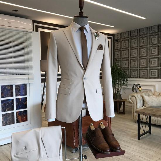 Formal Light Khaki Pointed Lapel One Button 3 Flaps Men Suit_2