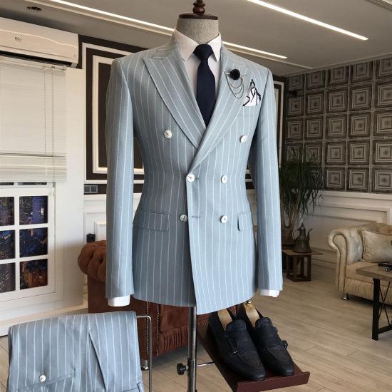 Dana Stylish Grey Striped Point Lapel Double Breasted Men Business Suit_2