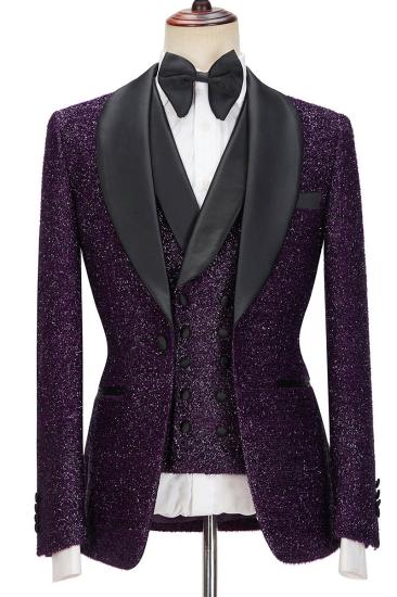 Dark Purple Glitter Shawl Lapel Three Piece Men Suit_1