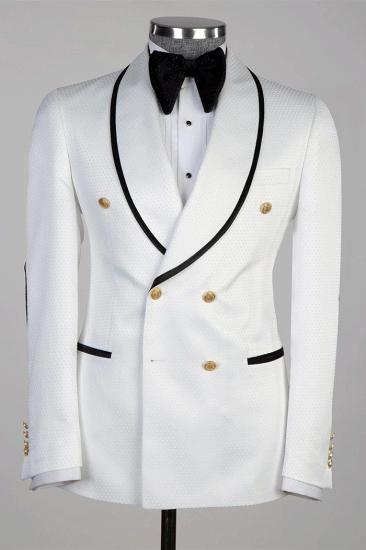 Double Breasted Golden Buttons White Wedding Suit with Black Edge_1