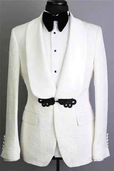 White Shawl Lapel Jacquard Groom Suit |  Elegant Slim Fit Tuxedo For Weddings 2 Pcs